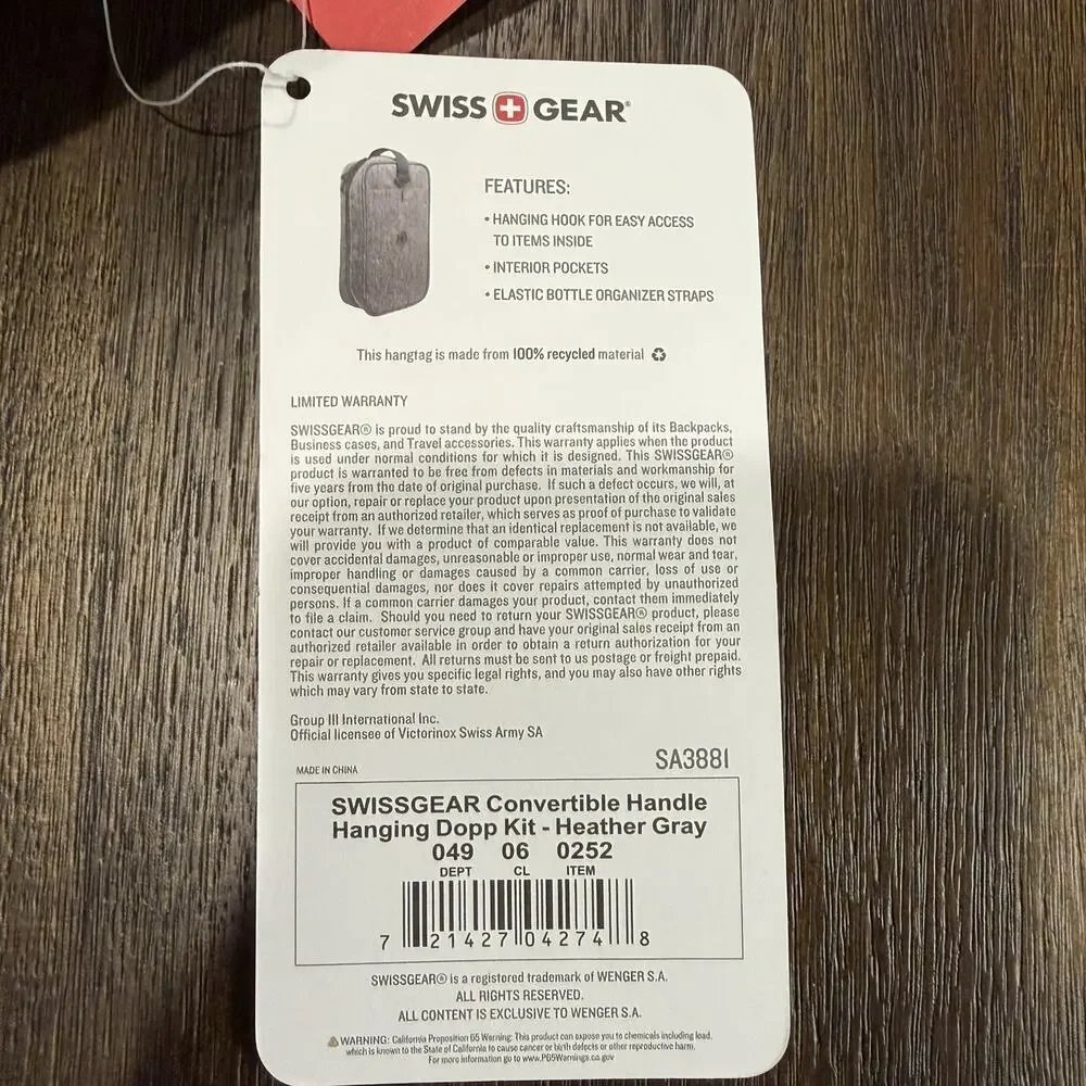 SWISS + GEAR Toiletries Convertible Hanging Hook Bag Heather Gray 11''x 6''x 3''